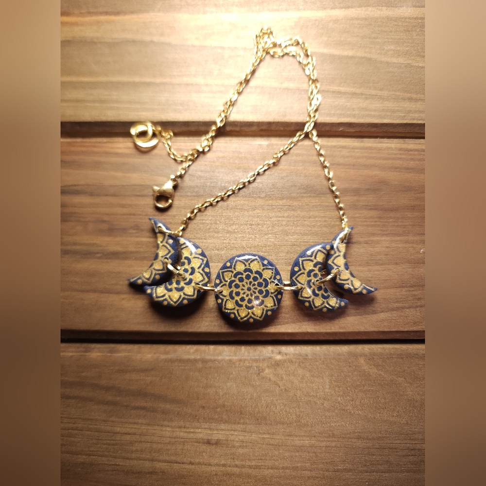 Moon phases handmade clay necklace (navy)